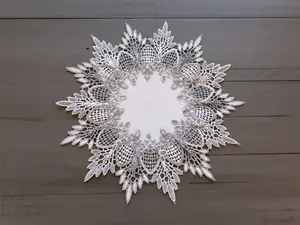 Linens Art And Things - Earth Tone Silver Lace on White Jaquard Large Doily (12" RD/ 16"RD)