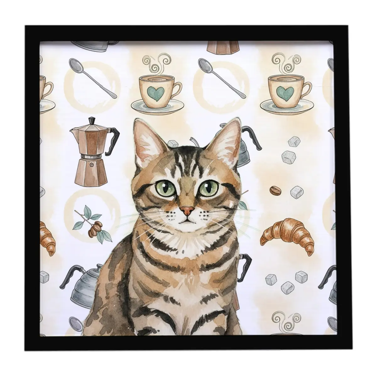 Carolines Treasures FNT1383MFP88 8x8 in. Aluminium Wall Mackerel Tabby Brown Cat Coffee Time Framed Metal Print, Christmas Home Decor, Hanger-Included Home Supplies Gift