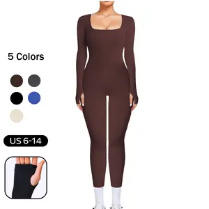 Womenswear Solid Color U Neck Seamless Shaping Jumpsuit-CC,Thumb Holes Design Jumpsuit,Slim-Fitting Stretchy Tummy Control Shapewear