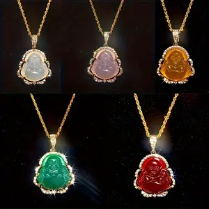 1pc Men's Fashionable Buddha Pendant Necklace With Synthetic Gemstone, Shiny Jewelry Gift