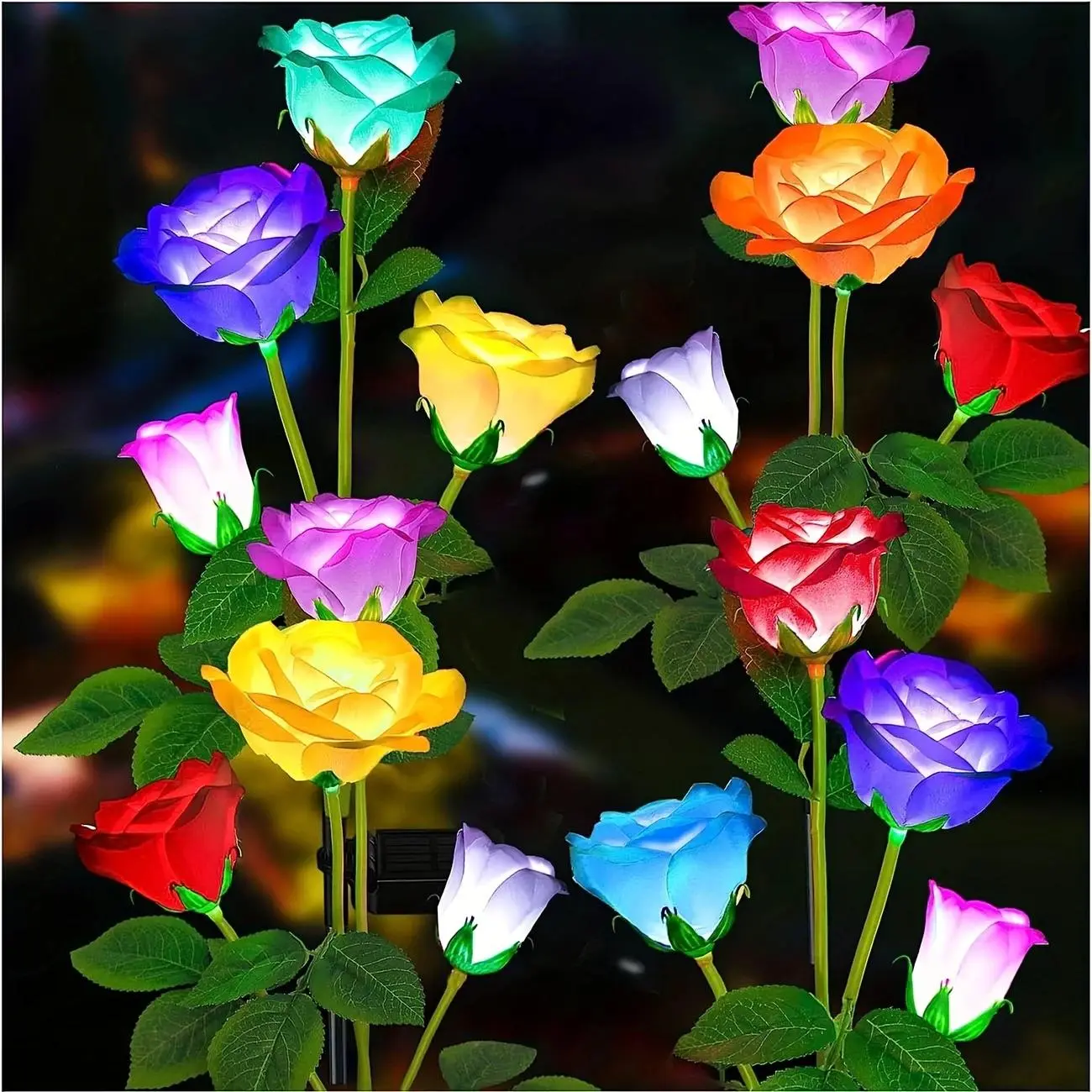 1-Pack 7-Head Rose Solar Illuminated Lawn Light, 49 LED Beads Solar Leds Landscape Lighting Rose Flower Light, Ideal for Outdoor Garden Decoration And Lawn Stake Light, Garden Decorative Lighting, Solar Landscape Lights, Patio Lights, Solar Ground Lights