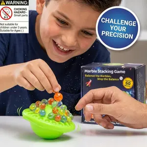 Marble Stacking Game for Kids & Adults, 60 Pcs Colorful Transparent Balance Building Blocks, Fun Family Party Game, Space Theme