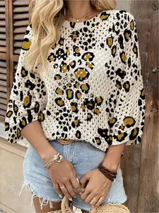 Spring and Summer collection, round-neck open-front loose batwing shoulder sleeve pullover, contrast-colored leopard print women's knit top, Knitwear, beachy style, casual for work, bohemian beach-style seaside pullover