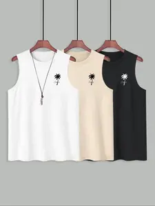 Men's Letter & Palm Tree Print Tropical Tank Top, Sleeveless Tanks, Regular Fit Casual Sleeveless Round Neck Top for Summer, Men's Top for Outdoor Wear, Socks, Menswear