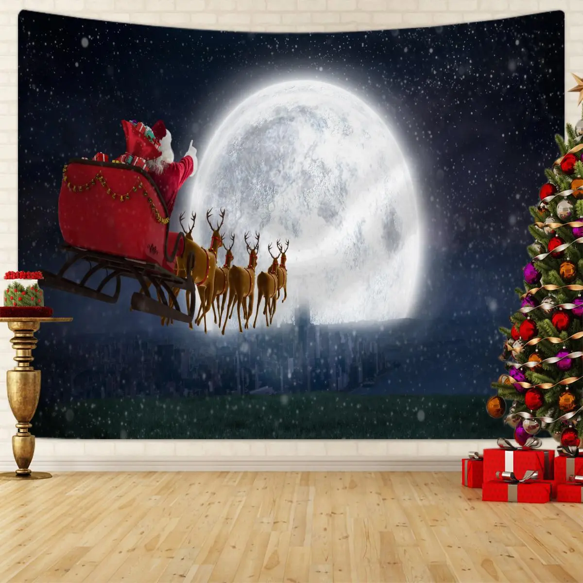 Christmas Themed Tapestry, Reindeer & Santa Claus Pattern Wall Hanging, Wall Decor for Home Living Room Bedroom