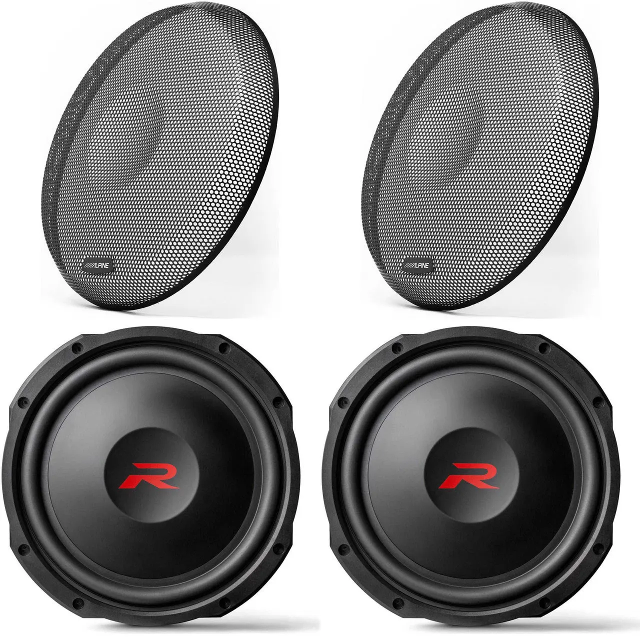 Alpine (2) RS-W12D4 12-inch R-Series Shallow Subwoofer Dual 4 Ohm & Grill Bundle