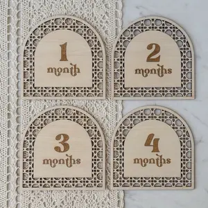 Arched Rattan Baby Mile Marker Set Months 1-12 Sign for Tracking Development 4.5inches Linen Bag Included