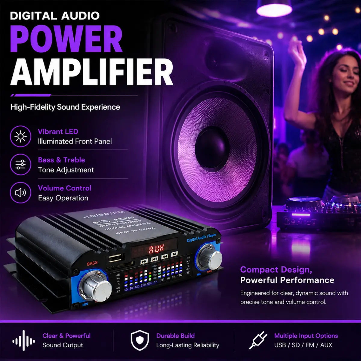 Bluetooth audio power amplifier, 2-channel Hi-Fi stereo amplifier, built-in EQ adjustment, supports USB/SD/AUX/FM radio, comes with remote control, suitable for car audio and home desktop speakers.