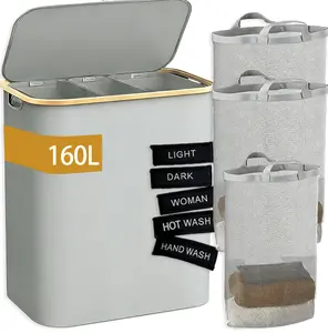 Premium Bamboo 160L Foldable Laundry Hamper 3 Mesh Breathable Bags Dirty Clothes Storage Basket for Dormitory Home Laundry Organization Needs