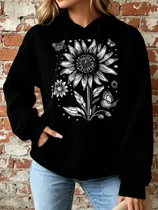 Trendy Bohemian Nature-Inspired Hooded Top for Ladies, Relaxed Fit Comfortable Hoodie with Unique Monochrome Floral & Butterfly Design, Women's summer going out chic tops