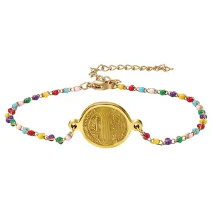 OIDEA Women's Catholic St. Benedict Adjustable Chain Rosary Bracelet - Colorful Beads Faith Wear Jewelry, Gold Stainless Steel Medals, Protection Charm, Lightweight Daily Wear Costume Accessory summerwins,summerwins