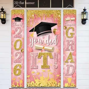 2D flat banner 3 Piece 2026 Graduation Banner Pink Class of Congrats Grad Porch Sign Yard Sign Banner and You Did It Graduation Door Cover for High School College Party Supplies Indoor Outdoor Party Decorations Banners