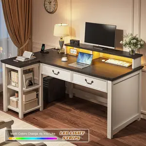 【Spring Glow Up】55" Vintage Computer Desk, L-Shaped Gaming Desk with Drawers, Office Table with Long Monitor Stand, Farmhouse Desk with Power Outlets & LED Lights, Home Office Desks for Study Room Bedroom