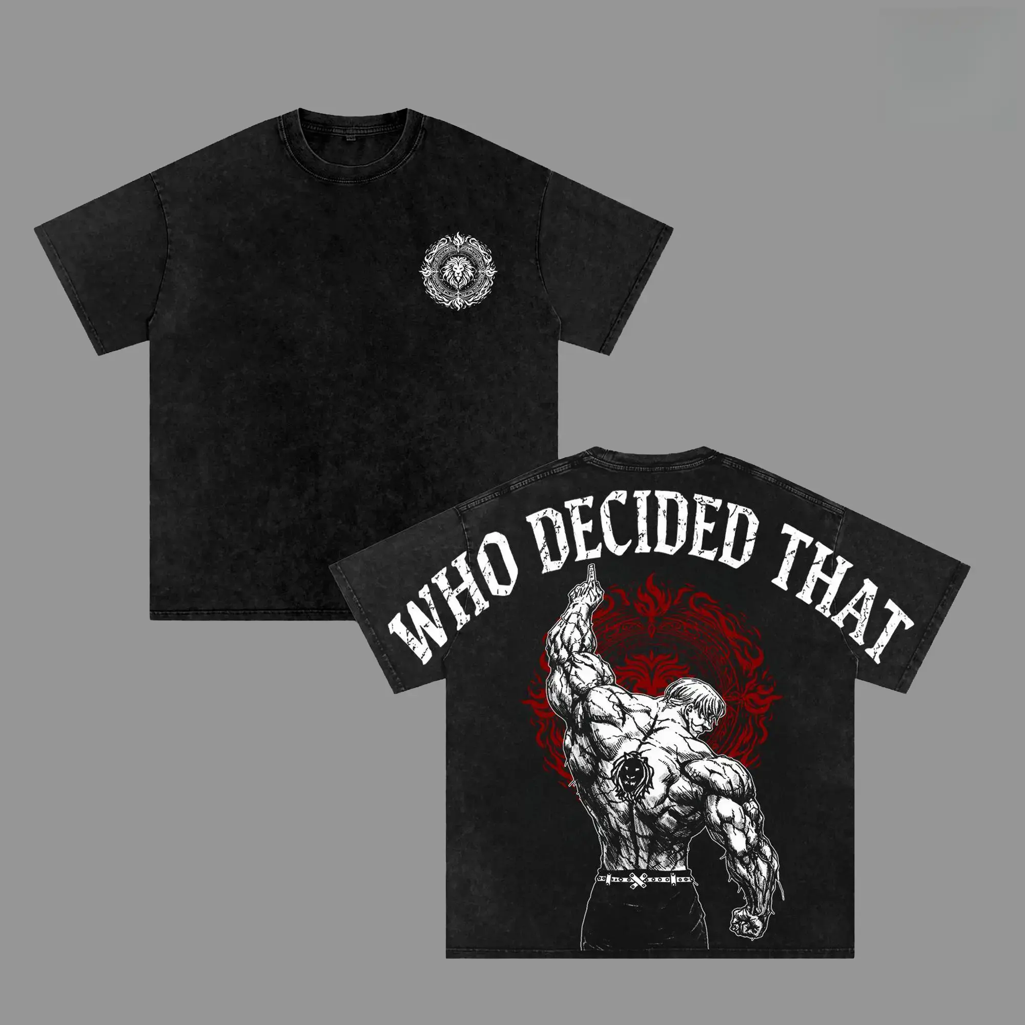 Escanor Seven Deadly Sins Tee Washed – "Who Decided That?" Vintage Washed Oversized Heavyweight Cotton Anime Graphic Tee, Unisex Animecore Streetwear Gift for Escanor & Anime Fans