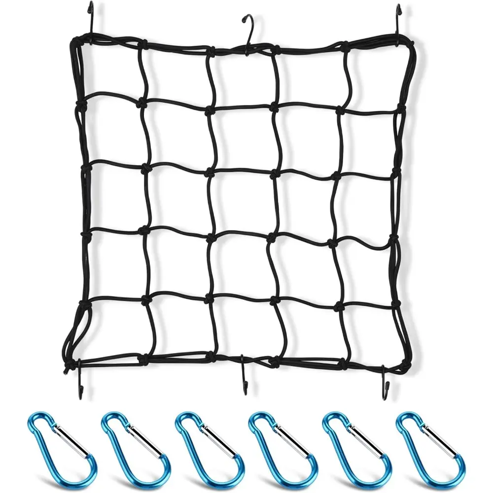 15" x15" Cargo Net, Stretches to 30"x30", Gear, Helmet, Luggage Thicken Netting with 3"x 3" Small Mesh & 6 Adjustable Metal Hooks and 6 Metal Carabiners For Motorcycle,Bike,ATV
