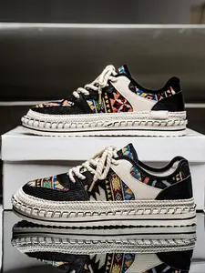 Men's Fashionable Ethnic Pattern Lace Up Walking Shoes, Casual Comfortable Breathable Sports Shoes, Male All-match Round Toe Shoes for Daily Wear, Closed, Artistic Streetwear Shoes