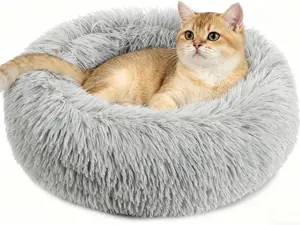 Cat Bed - Calming Cat Bed for Small Kittens Donut Washable Round for Indoor Kittens and Puppies, Anti-Slip Round Fluffy Plush Faux Fur, Small, Light Grey