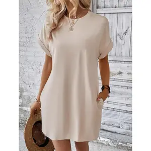 Women's Plain Pocket Batwing Sleeve Dress, Casual Minimalist Round Neck Roll Up Sleeve Dress for Summer, Casual Elegance Chic Fashion Women's Dress Womenswear Basic