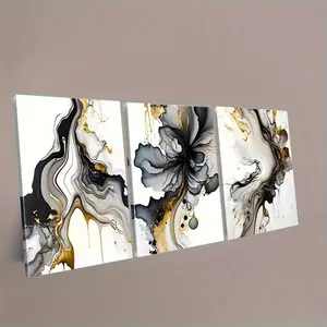 3 framed black and gold abstract wall art pieces, modern gray and gold marble fluid canvas wall art print posters for wall decoration in living room, bedroom, office, home decor, ready to hang