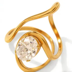 1pc Trendy Irregular Zircon Open Ring for Women, 18K Gold Plated Stainless Steel, Adjustable Minimalist Statement Jewelry Gift Gold-Plated Striped Couple Stacking