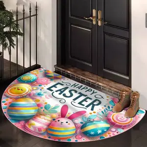 Easter Egg Bunny Pattern Half Round Door Mat, Festive Soft Bottom Durable, Indoor Outdoor Use, Living Room Kitchen Bedroom Balcony Decor, Easter Theme