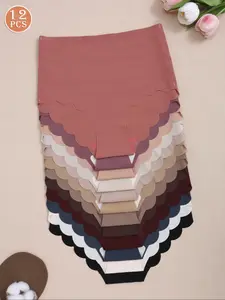 Women's Solid Color Scallop Trim High Waist Panty, High Stretch Soft Comfortable Breathable Seamless Knicker for Daily Wear, Ladies Underwear for All Seasons, Seamless Breathable Design