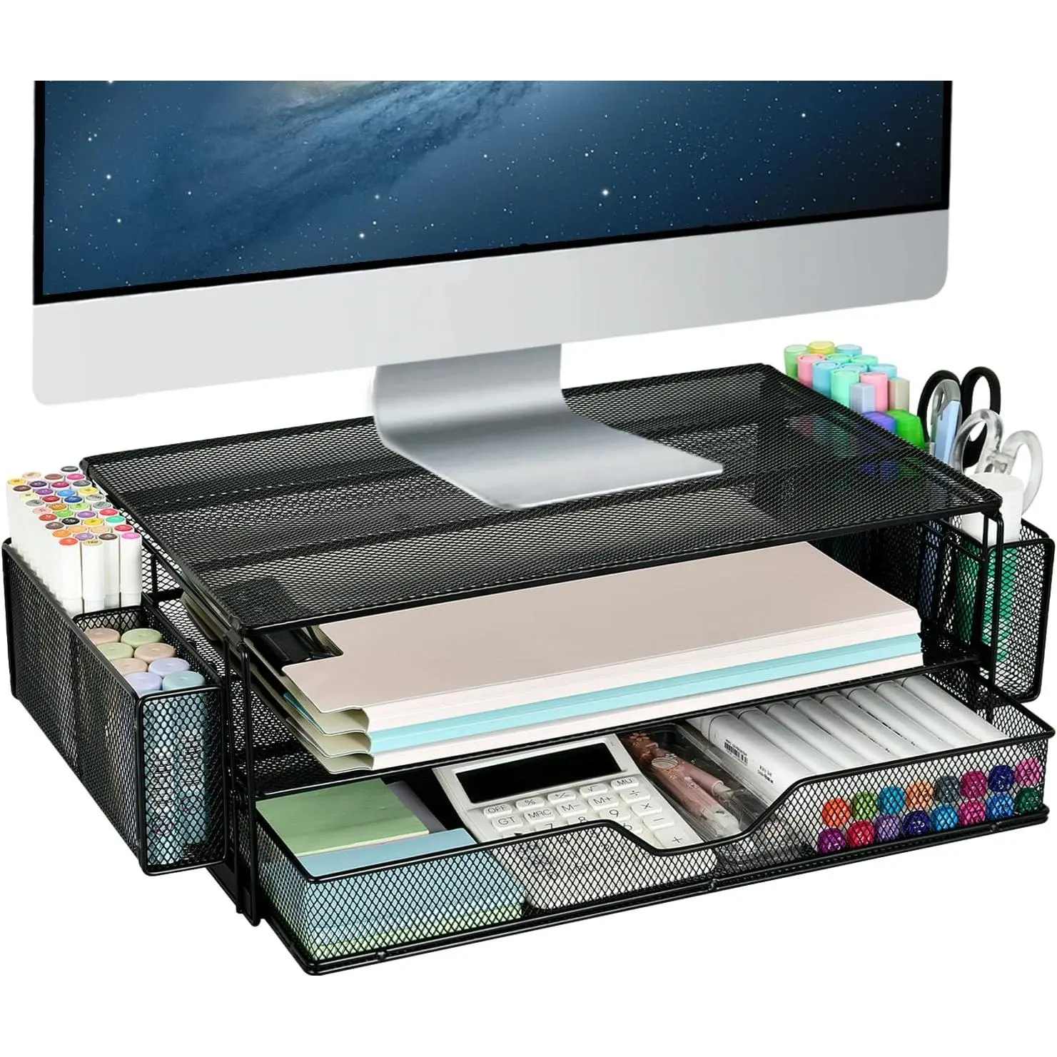 2 Tier Computer  Stands with Drawer and 2 Pencil Holder, Metal  Stand  riser, Computer Desk Organizer and Accessories for Laptop, Computer, Printer, Office Supplies(Black)