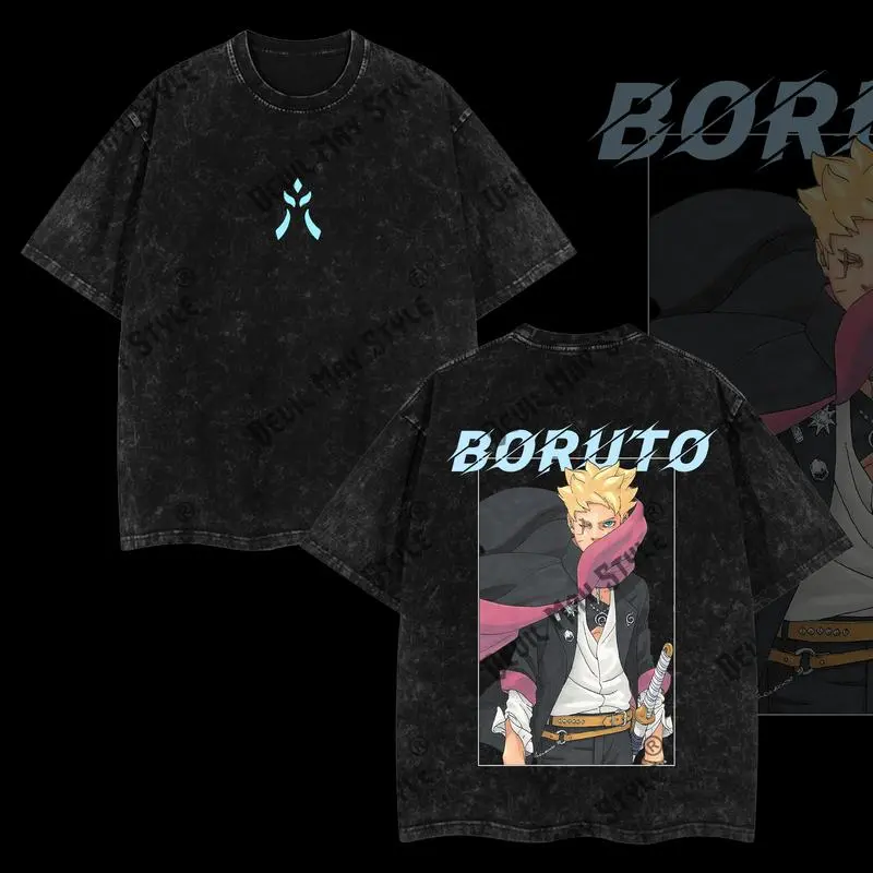 [Anime Realm] Uzumaki Boruto - Boruto two blue vortex Anime Manga Shirt Washed Black Double Printed Oversize Lightweight Acid Washed Tee Gift For Weeaboos
