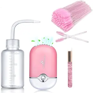 AREMOD Eyelash Extension Supplies Kit - USB Air Conditioning Blower Lash Fan, 50 Lash Shampoo Brushes, 1 Blackhead Removal Facial Cleaning Nose Brush, 1 Pink Plastic Wash Bottle