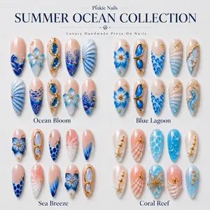 Summer Ocean Collection Press On Nails, Handmade 3D Blue Floral Seashell Mermaid Nails, Luxury Glossy Long Stiletto Fake Nail Set