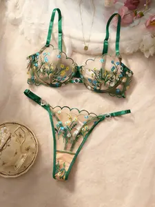 Women's Sexy Bra Set, Romantic Healing Style, Embroidered Semi-Transparent, Adjustable Straps, Max Support, All Seasons