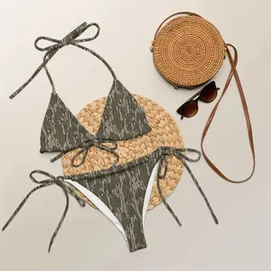Matching Couple Swimwear - Bottomland Camo String Bikini & Men's Board Shorts Set Classic Bark Camouflage Hunting Style Outdoor Swimsuits, Quick-Dry Beachwear for Lake & River Life, Country Couple Gift, His and Hers Matching Outfits Summer