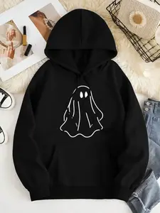 Women's Cartoon Ghost Print Drop Shoulder Hoodie, Fashion Casual Drawstring Pocket Hooded Sweatshirt for Daily Holiday Outdoor Wear, Women Clothing for Fall & Winter