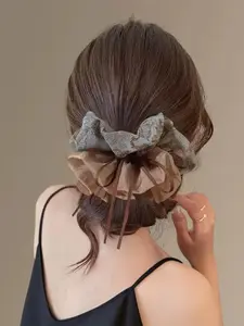 Vintage New Floral Veil Double Layer Large Bow Elegance Hair Tie Bun High-End Low Ponytail Hair Rope Hair Accessory Head Flower