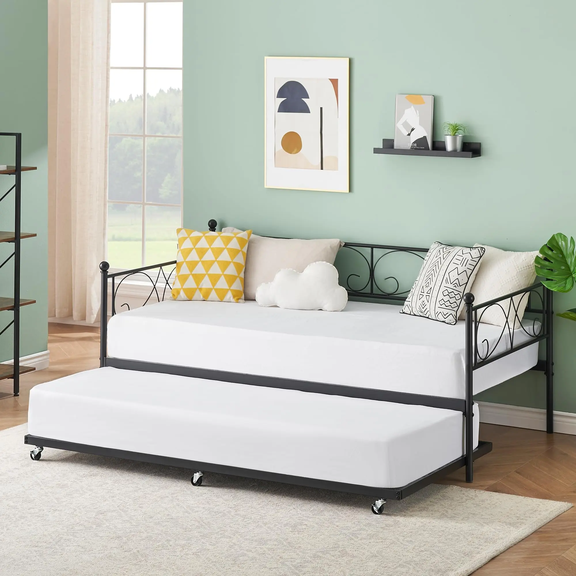 Garvee Twin Metal Daybed with Pull-Out Bed Trundle, 6 Lockable Wheels, Floral Modern Headboard, Durable Steel Frame Slat Support, No Box Spring Needed, Space-Saving Storage Bed for Guest Rooms, Living Areas, Trundle Bed