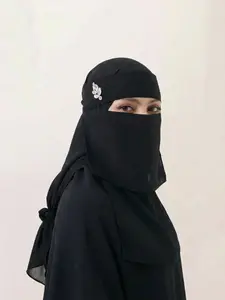 1pc Plain Lace-Up Niqab Headscarf, Breathable Rhinestone Face Mask, Sun Protection Muslim Turban, Boho Style, All Seasons