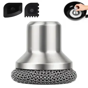 Stainless Steel Cast Iron Scrubber with 2 Pan Scrapers, 316 Chain Mail Scrubber Cast Iron Cleaning Kit, Metal Chainmail Scrubbing Sponge Scrub Brush to Clean Pan, Skillet, Grill, Dutch Oven, Wok(Small Chainmail)