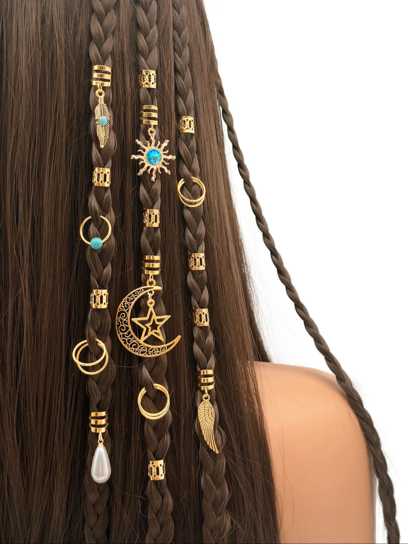 46pcs Baroque Moon and Star Hair Jewelry Accessories, Boho Geometric Pattern Dreadlock Beads for Women and Girls, Ideal for Dance Parties, Music-Themed Events and Celebrations, Unique Accessories