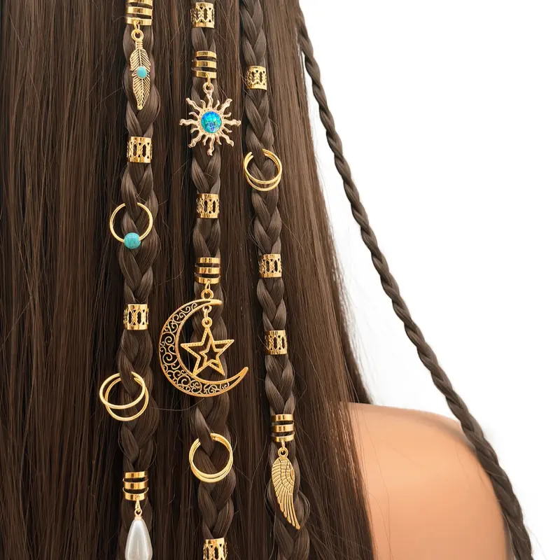 46pcs Baroque Moon and Star Hair Jewelry Accessories, Boho Geometric Pattern Dreadlock Beads for Women and Girls, Ideal for Dance Parties, Music-Themed Events and Celebrations, Unique Accessories, Fall