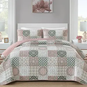 Set Queen Size, Boho Patchwork Bedspread Coverlet Set, 3 Pieces Soft Microfiber Farmhouse Bedding Set Lightweight Bed Cover for All 96"x90"