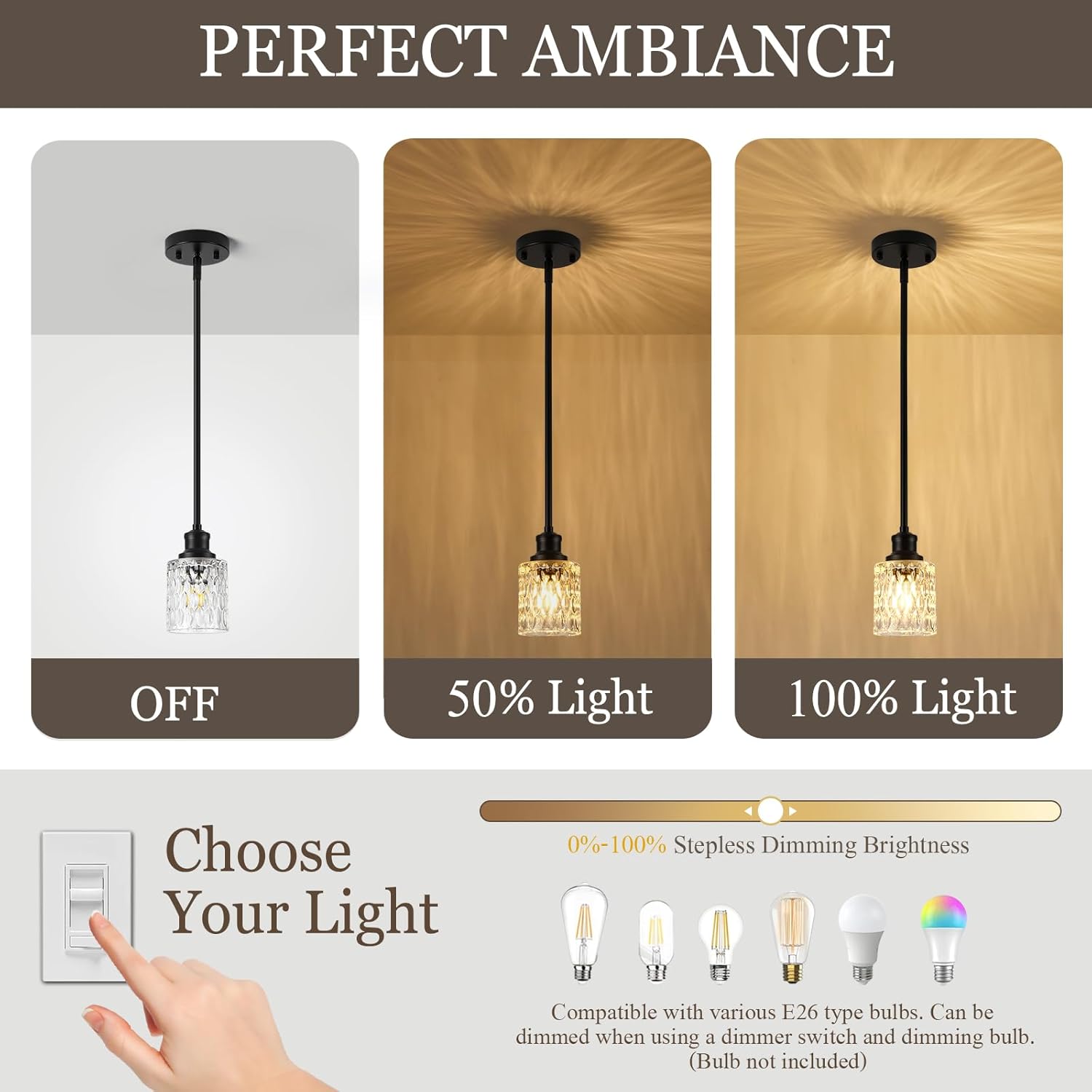 Glass Pendant Lights Kitchen Island, 1-Light Modern Black Mini Pendant with Drum Glass & Rods, Mini Hanging Light for Kitchen Sink Dining Room Bathroom