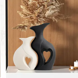 Black and White Vase Heart Shape Ceramic Vase Set of 2,Modern Boho Hollow Flower Vases,Nordic Aesthetic Vase Decor,Decorative Vase for Room,Home Book Shelf,Fireplace,Table Decor