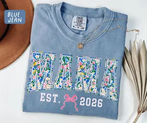 Spring Floral Mama Shirt, Comfort Colors Mama T-Shirt, New Mom Tee, Cute Pregnancy Announcement Shirt, Mama Est. 2026, Baby Shower Gift Mom