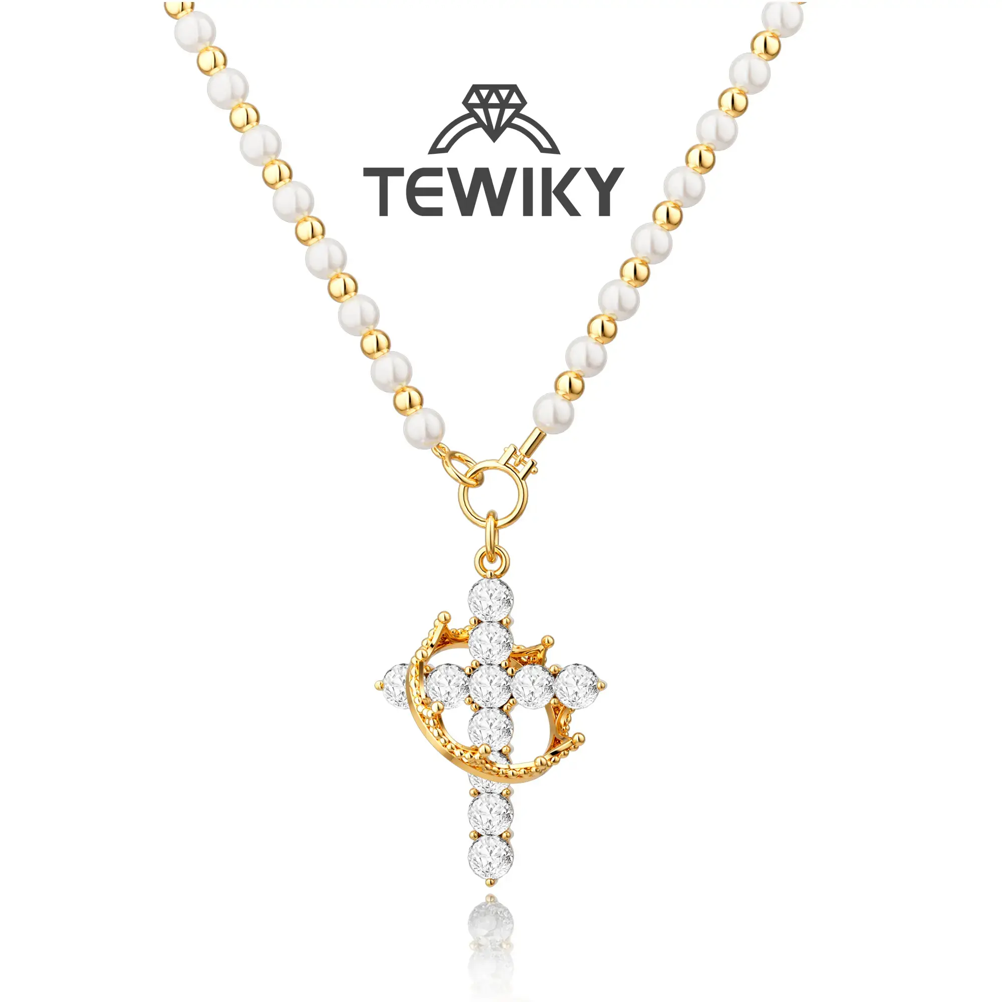 Tewiky Gold Pearl Beaded Crown Cross Necklace for Women, 4mm Pearls 3mm Beads Dainty Layered Style Jewelry Gift For Easter