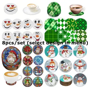 8pcs DIY Christmas Diamond Art Coasters No Holder, Crystal Rhinestone Diamond Painting Christmas Coasters for Drinks, Wooden Desktop Art Coasters for Home Office Coffee Shop Restaurant Cup Decoration, Great New Year and Xmas Gifts, Wood Coasters