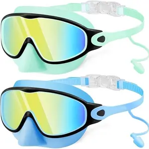 Swim Goggles with Nose Clip and Ear Plugs, Anti-Fog Wide Vision Swimming Glasses, Suitable for Boys and Girls Aged 3-12, Kid Swim Goggles