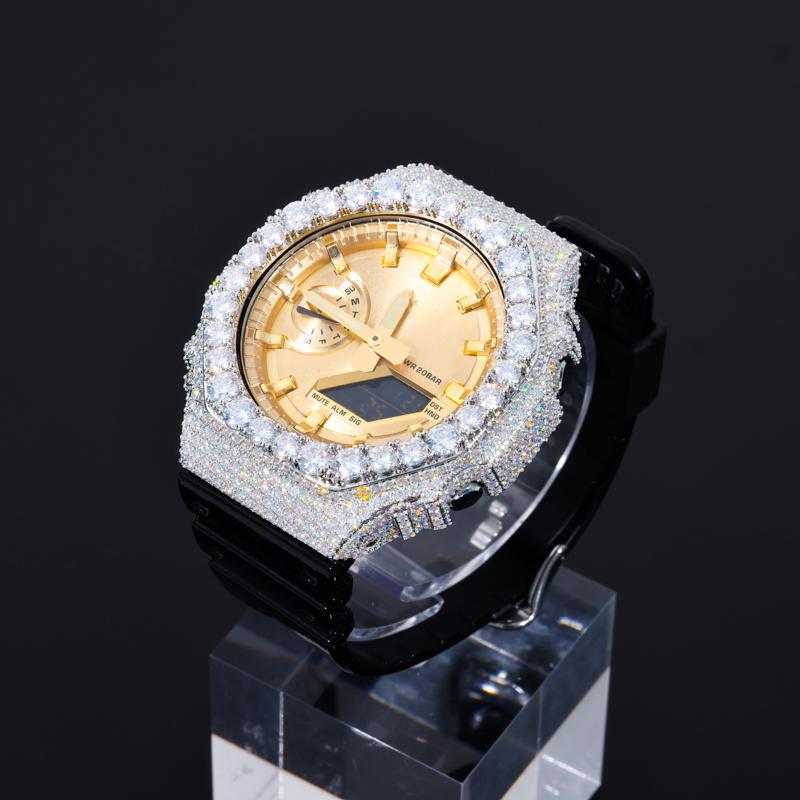 【CMW05】UCCIYO Compatible - GA2100 Universal Bezel 18K Gold-Plated Lab-Grown Moissanite Ice Out Copper Moissanite Watch Case Crystal-Set Watch Case Unisex Hip-Hop Style Jewelry Gift