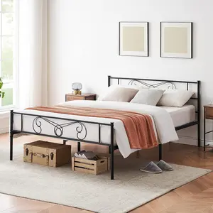12 Inch Queen Size Metal Platform Bed Frame Vintage Victorian Style Bed Mattress Foundation with Storage No Box Spring Needed Noise Free Easy Assembly Black