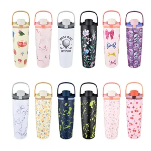 900ML/30oz Stainless Steel Thermos Flask One Click Open Lid Cute Water Bottle Leak Proof Travel Mug Summer Gift for Women/Girl