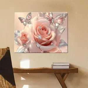 2D Flat, Modern Art Deco Floral Canvas Wall Art - Pink Roses & Butterflies with Sparkling Gemstones, Waterproof Wooden Framed Poster, Easy to Hang Home Decor for Living Room, Bedroom, Office - Unique Gift Idea, Bedroom Enhancement, Room Decor, 2D Flat	